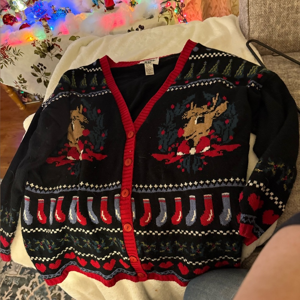 Festive Reindeer Women's Cardigan Sweater - Black and Red